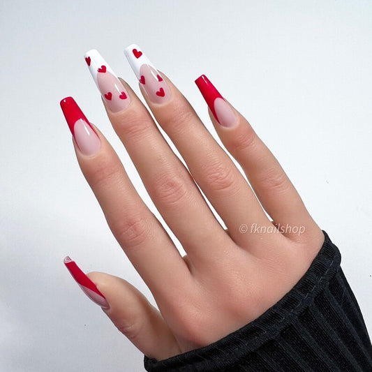 Red and White French Tip with Hearts