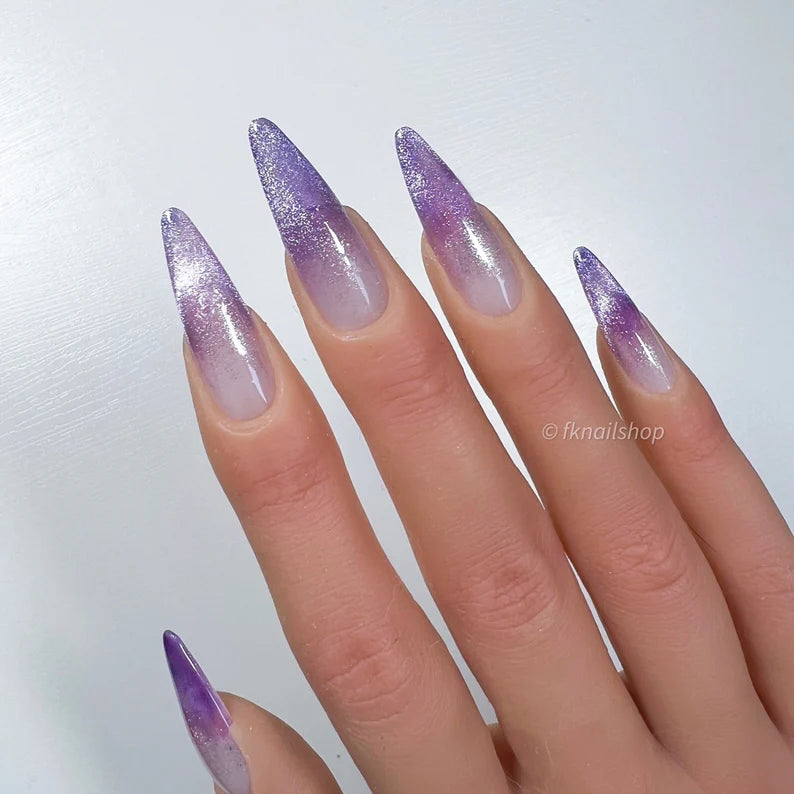 Purple Glitter Cat Eye French Tip