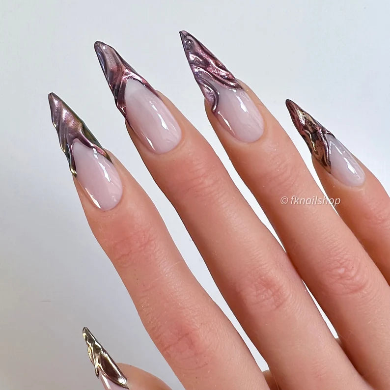 3D Gold Pink Purple Ombre Chrome French Tip